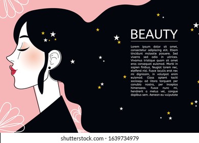 Beautifil woman sideways with long black hair with stars in it