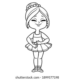 Beautifu cartoon ballerina girl in lush tutu stand on a white background outlined for coloring