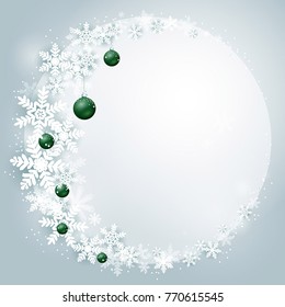 Beautifu festivel wreath with snowflakes and green balls decorated. Merry Christmas and New Year greeting card round template, background. Traditional winter season holiday greeting card.