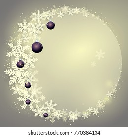 Beautifu festivel wreath with snowflakes and purple balls decorated. Merry Christmas and New Year greeting card round template, background. Traditional winter season holiday greeting card.