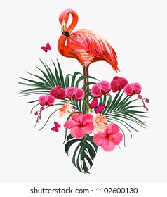 Beautifu seamless vector floral summer pattern background with tropical palm leaves, flamingo, hibiscus, orchid. Perfect for wallpapers, web page backgrounds, surface textures, textile.