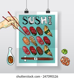 Beautifui hand drawn poster sushi for your design