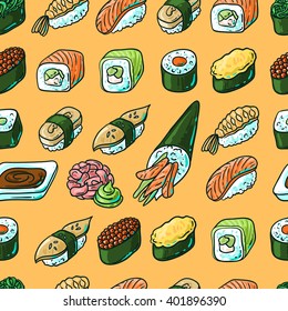 Beautifui hand drawn vector seamless pattern japanese food. Shushi.