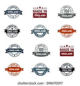 Beautiful 12 Made in England Rubber Grunge Stamp Isolated On White Background.