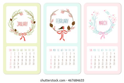 Beautiful 2017 calendar pages with hand drawn rustic floral wreathes and hand written font for your decoration