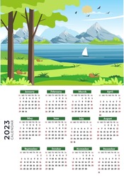 Beautiful 2023 Calendar With A Natural Landscape With Mountains And A River Vector Illustration.