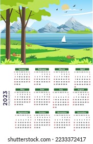 Schöner Kalender 2023 mit einer natürlichen Landschaft mit Bergen und einem Fluss Vektorgrafik.