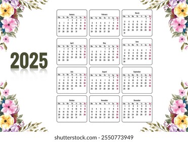 Calendário 2025 bonito com design floral colorido