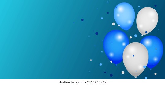 beautiful 3d blue and white balloon design background illustration banner template vector. Celebration party banner with Blue, white color balloons background. wedding and birthday. vector