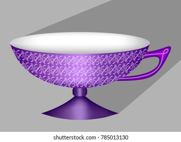 Beautiful 3d chinese tea cup in purple design with fine patterns, object with long diagonal shadow on light gray background, design element for tea room or caf , Vector EPS 10