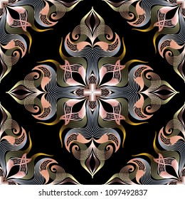 Beautiful 3d damask seamless pattern. Vector patterned ornamental background. Vintage hand drawn elegance lace ornament. Line art tracery striped abstract flowers, leaves, paisley, swirls, curves
