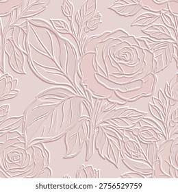Beautiful 3D embossed seamless pattern with roses and leaves. Soft pink textured paper cut style. Luxury monochrome floral vector background for wedding invitations and sophisticated wallpaper.