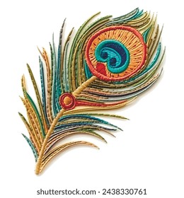 Beautiful 3d embroidery colorful peacock feather. Embroidered textured bright ornamental feather. Decorative isolated design. Ornate surface stitching texture. White background. Vector illustration.