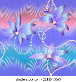 Beautiful 3d flowers seamless pattern. Floral jewelry ornament. Wavy lines colorful elegance background. Repeat waves and dotted lines backdrop. Surface hand drawn 3d flowers, beads, necklace, pearls.