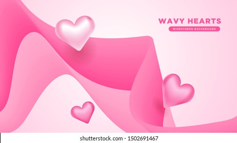 Beautiful 3d flowy abstract and hearts valentine theme widescreen background cover template vector