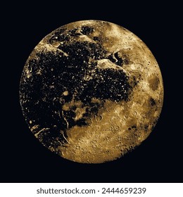 Beautiful 3d gold glittery full moon textured surface pattern on black background. Luxury decorative modern golden moon design on dark night sky. Grungy relief texture.