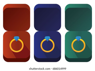 Beautiful 3D Golden Yellow Orange Engagement Rings With Big Blue Diamond in Colorful Red Green Blue Box Design - Wedding Vector Illustration - Symbol Fashion Jewelery Ceremony Embellishment Ornament 
