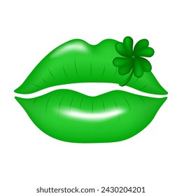 Beautiful 3d green lips with four-leaf clover isolated on transparent background. Flat clipart image. Happy St. Patrick's Day. Vector illustration.