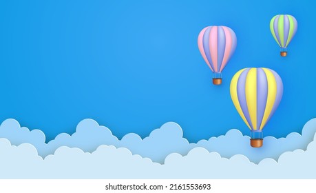 Schöne 3D-Heißluftballons, die auf blauem Himmelshintergrund über Wolken fliegen. Papierschnitt und 3D-Cartoon-Stil. Vektorgrafik.