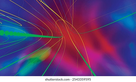 Hermoso fondo de línea 3D. Líneas de neón, rojo, azul, amarillo, verde sobre un fondo de colores brillantes. Fondo Abstractas de líneas punteadas. Ilustración vectorial.
