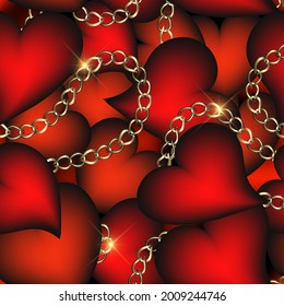 Beautiful 3d love hearts seamless pattern. Ornamental jewelry romantic background. Gold chains. Surface endless texture. Decorative luxury shiny ornaments. Ornate design for wallpapers, cover, cards.