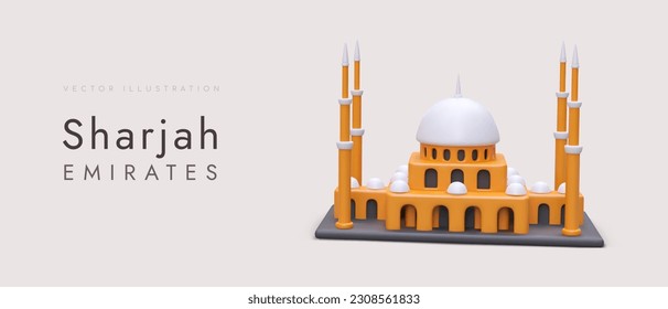 Schöne 3D-Moschee. Architektur der arabischen, persischen, türkischen Völker. Mausoleum mit Ecktürmen. Reisewerbung in Scharia-Länder. Banner auf hellem Hintergrund