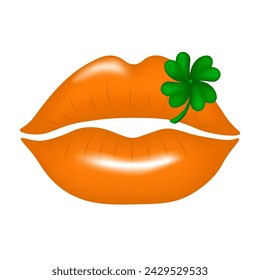 Beautiful 3d orange lips with clover leaves isolated on a white background. Flat clipart image. Happy St. Patrick's Day. Vector illustration