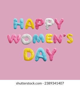 Schöne 3D Plasticine mehrfarbige Worte Happy Womens Day. Vektor 3d Rendering Dekoration für weibliche Frühlingsferien Design aus Teig oder Lehm Textur auf rosafarbenem Hintergrund. 8. März