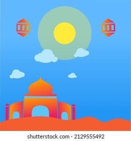 beautiful 3d ramadan design with mosque, lantern, moon, stars and podium background