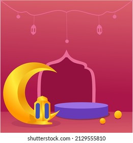 beautiful 3d ramadan design with mosque, lantern, moon, stars and podium background