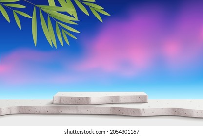 Beautiful 3d realistic white stone podium with pink clouds in blue sky and leaf for product display or presentation. Natural, perfume, cosmetic, spa, relaxation, nature product. Stage pedestal vector.