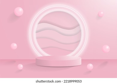 Beautiful 3d rendered Pink Podium in Pink Interior studio with white glowing ring and 3d bubble spheres. For Backgrounds, product presentations, interiors. Vector Illustration. EPS 10.