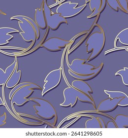 Beautiful 3d seamless floral pattern with gold outlined purple leaves and stems on a muted violet background. Elegant botanical wallpaper, fabric, textile, cover design. Endless luxury leafy texture.