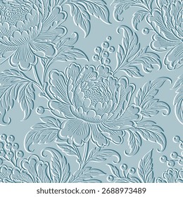 Hermoso patrón floral sin fisuras 3d con peonías en relieve y bayas. Fondo de Vector azul claro texturizado de lujo con flores en relieve de superficie. Textura infinita con un llamativo efecto 3D en relieve.
