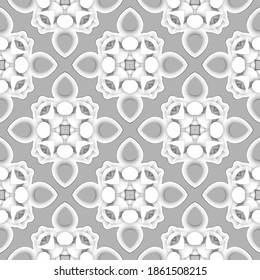 Beautiful 3d seamless pattern. Light ornamental vector background. Repeat elegant white and gray backdrop. Decorative floral monochrome ornament. Vintage flowers, leaves, shapes. Ornate modern design.