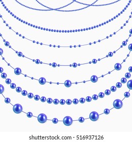 Beautiful 3D shiny natural Blue Pearl Christmas Garlands beads Set for Celebratory Design, Xmas Holiday greeting card design.  Vector Background. 
