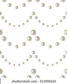 Beautiful 3D shiny natural White Pearl wavy seamless pattern. Waves. Garlands. Beads. Wedding theme. Abstract Background. Vector Illustration. 