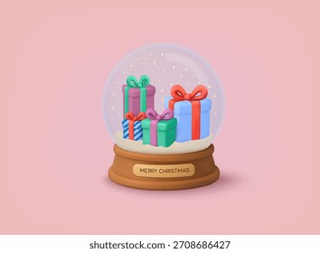Hermoso globo de nieve 3D lleno de coloridos regalos de Navidad y nieve que cae. Perfecto para campañas navideñas, tarjetas de felicitación festivas, branding y promoción de invierno. Ilustración 3D.