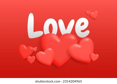 Eine schöne 3D-Vektorgrafik von roten Herzballons und Liebestypografie, perfekt für Feiertage, Jahrestage, Valentinstag und Hochzeiten. Ideal für Flyer, Banner, Karten.