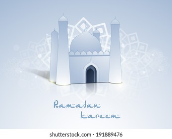 Beautiful 3D view of a mosque on floral decorated grey background with stylish text Ramadan Kareem.