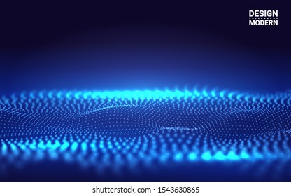 Beautiful 3d Wave Shaped Array of Blended Points on Dark Background. Futuristic Lines of Many Dots. Design Element For poster Cover Banner. Abstract Vector Illustration