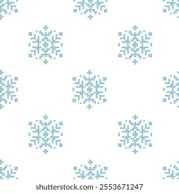 Beautiful 6-sided Blue Snowflakes Seamless Geometric Pattern. Embroidery Knitted Texture made from loops. White Background. Six pointed symmetry. Vector illustration