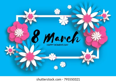 Beautiful 8 March. Origami Happy Women's Day. Floral Greeting Card. Paper cut Pink Blue Flowers. Rectangle gorizontal frame. Text. Spring blossom holiday on sky blue. Traditional paper decoration.