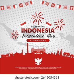 Beautiful 80 years Indonesia Independence Day 2025 greeting template and background with famous landmarks silhouette and festive decoration elements. Dirgahayu Indonesia 2025 vector illustration