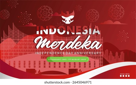 Beautiful 80th Anniversary of Indonesia Merdeka or Independence Day banner and background template with Nusantara capital city palace and festive fireworks celebration. Dirgahayu RI 80th 2025 template