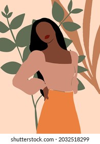 Beautiful Abstract Afro American Woman in Fashion Dress. Pastel Tropical leaves Background. Modern Minimalist glamour Female Portrait with nature jungle pattern. Vector illustration