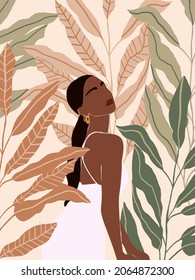 Beautiful Abstract Afro American woman in fashion white dress. Pastel Tropical leaves background. Modern minimalist glamour female portrait with nature jungle pattern. Vector illustration