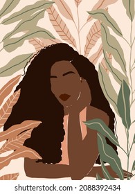 Beautiful Abstract Afro American woman with afro hair style. Pastel Tropical leaves background. Modern minimalist glamour female portrait with nature jungle pattern. Vector illustration