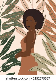 Beautiful Abstract Afro American woman in fashion dress. Pastel Tropical leaves background. Modern minimalist glamour female portrait with nature jungle pattern. Vector illustration