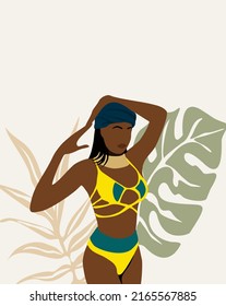 Beautiful Abstract Afro American woman in bikini. Pastel Tropical leaves background. Modern minimalist glamour female portrait. Vector cartoon style fashion art illustration.